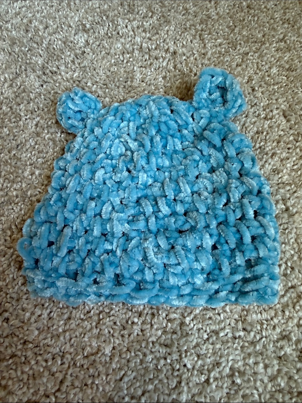 NB Plush Blue Knit Baby Hat with Ears - Soft Cozy Beanie